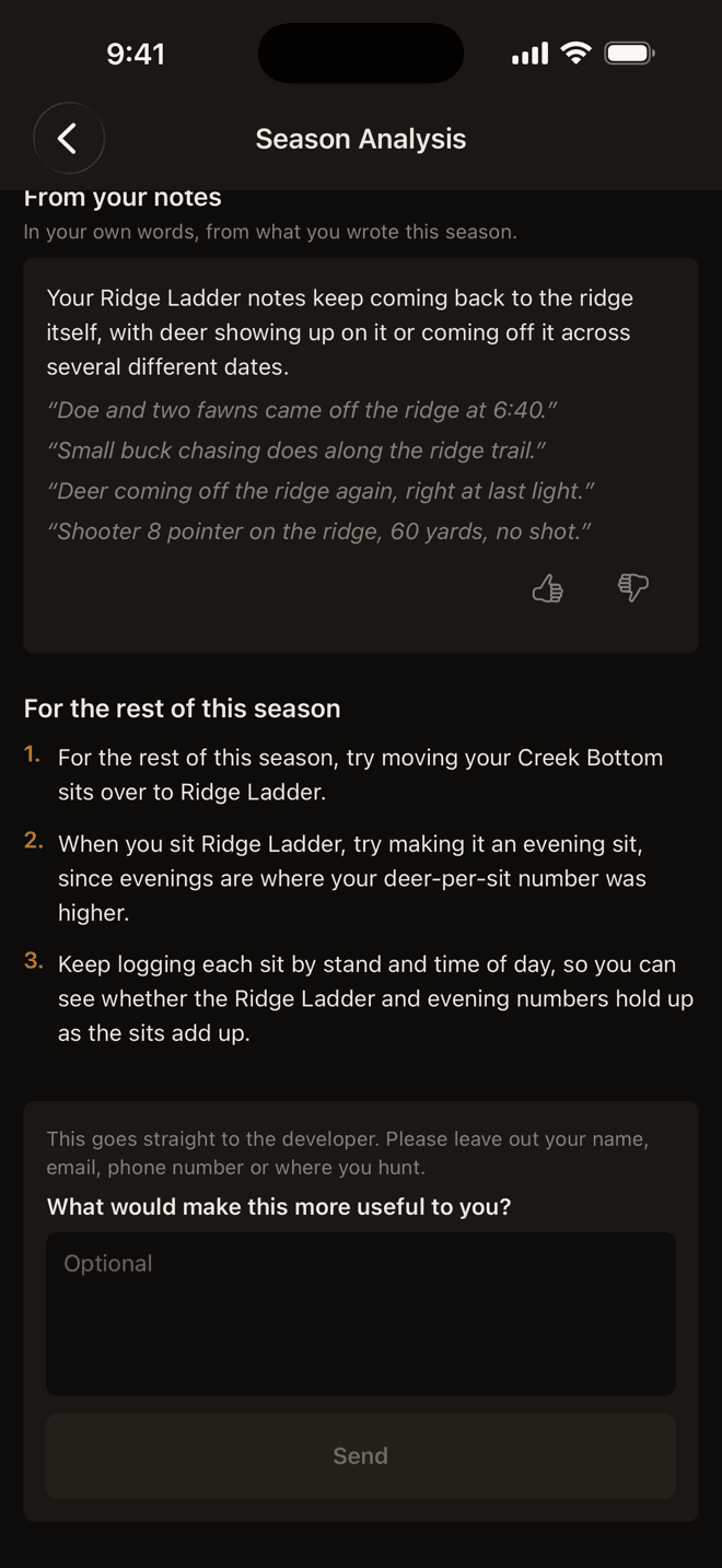 Season Analysis notes quoted from the log and a plan for the rest of the season