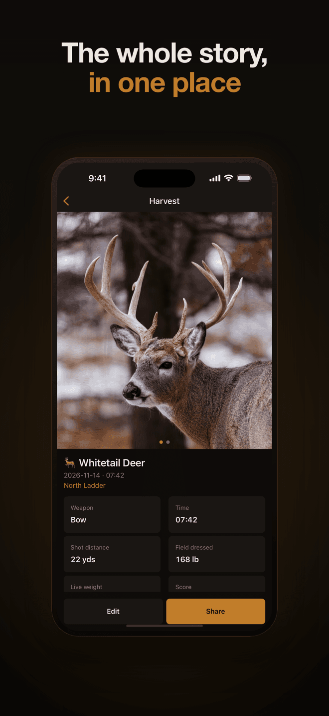 A harvest record with photos, weapon, distance and the story