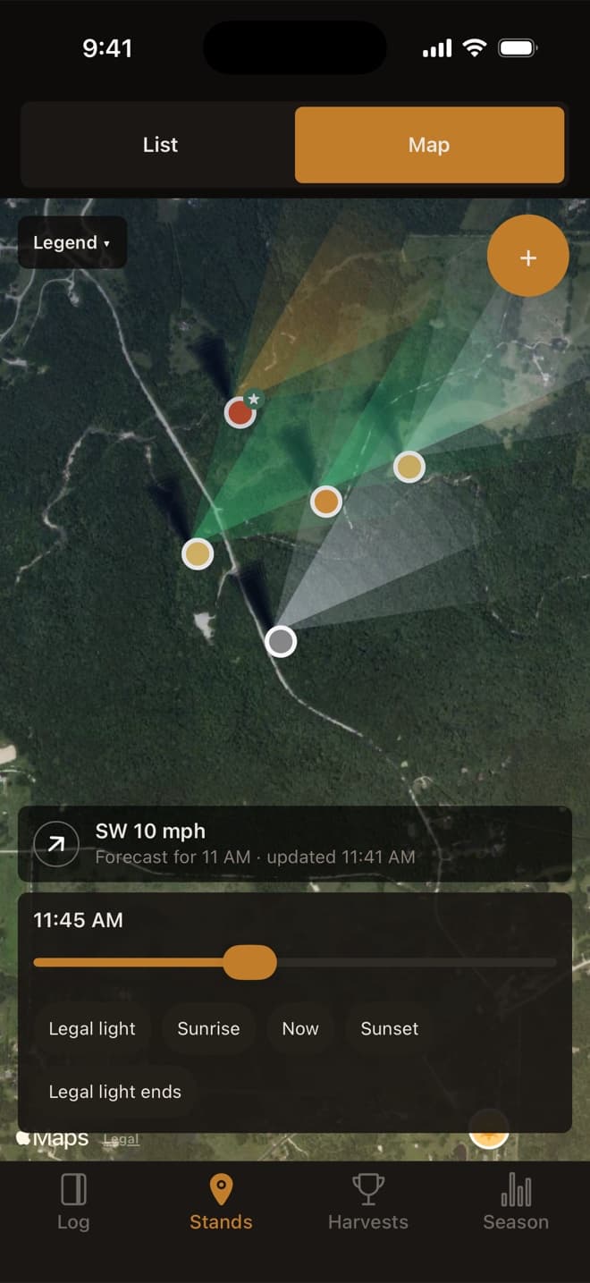 Stands on a satellite map with shadows and wind scent plumes, and a time slider for the sun